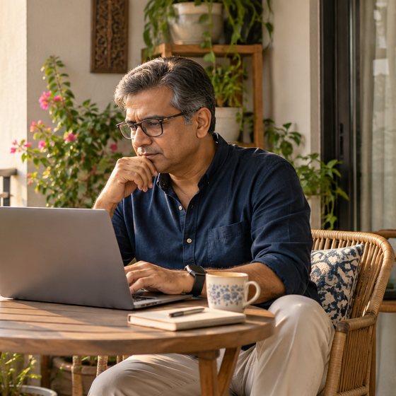 A founder taking a call from his balcony
