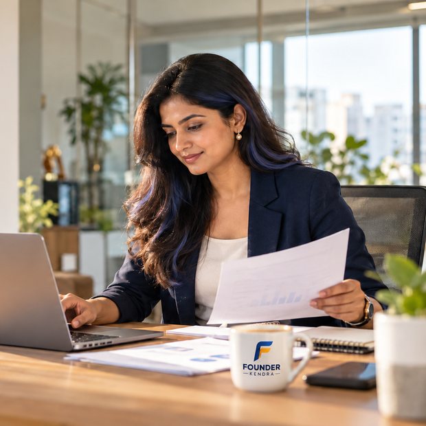 A founder reviewing documents at her FounderKendra desk